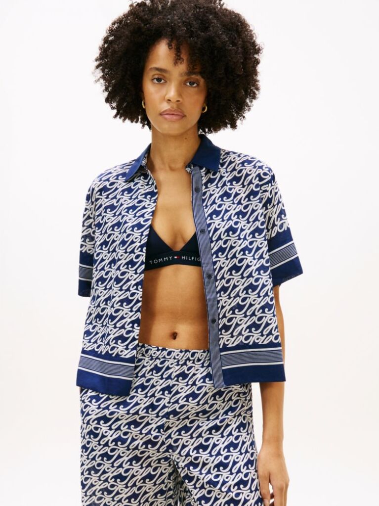 Blue Relaxed Fit Print Voile Shirt With Silk  Women