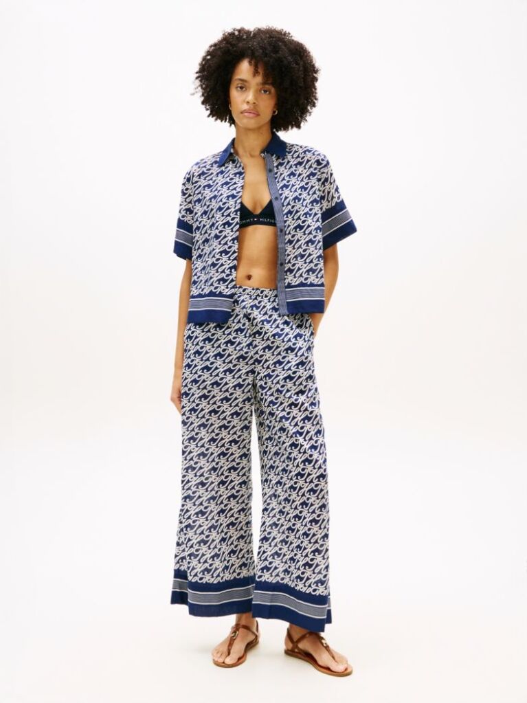 Blue Relaxed Fit Print Voile Shirt With Silk  Women
