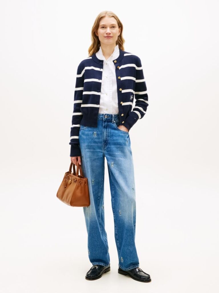 Blue Crest Embroidery Mid Rise Barrel Leg Jeans  Women