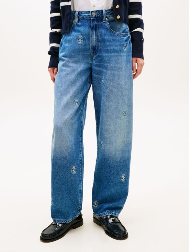 Blue Crest Embroidery Mid Rise Barrel Leg Jeans  Women
