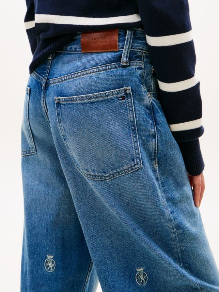 Blue Crest Embroidery Mid Rise Barrel Leg Jeans  Women