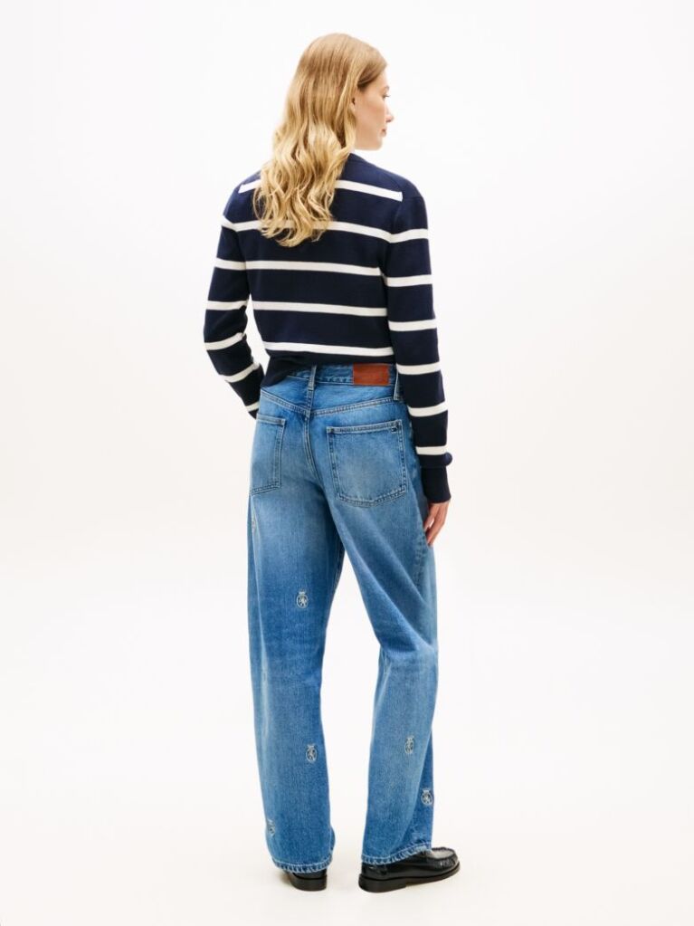Blue Crest Embroidery Mid Rise Barrel Leg Jeans  Women