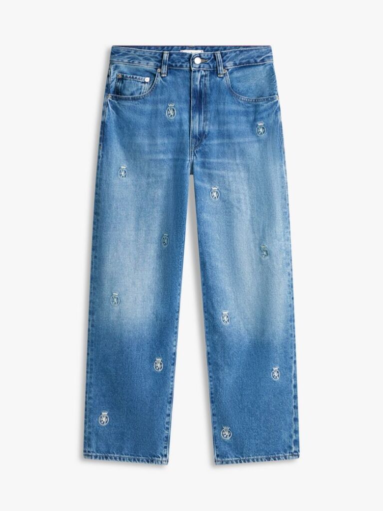 Blue Crest Embroidery Mid Rise Barrel Leg Jeans  Women