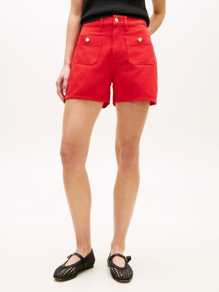 Red Gold-Tone Button High Rise Denim Shorts  Women