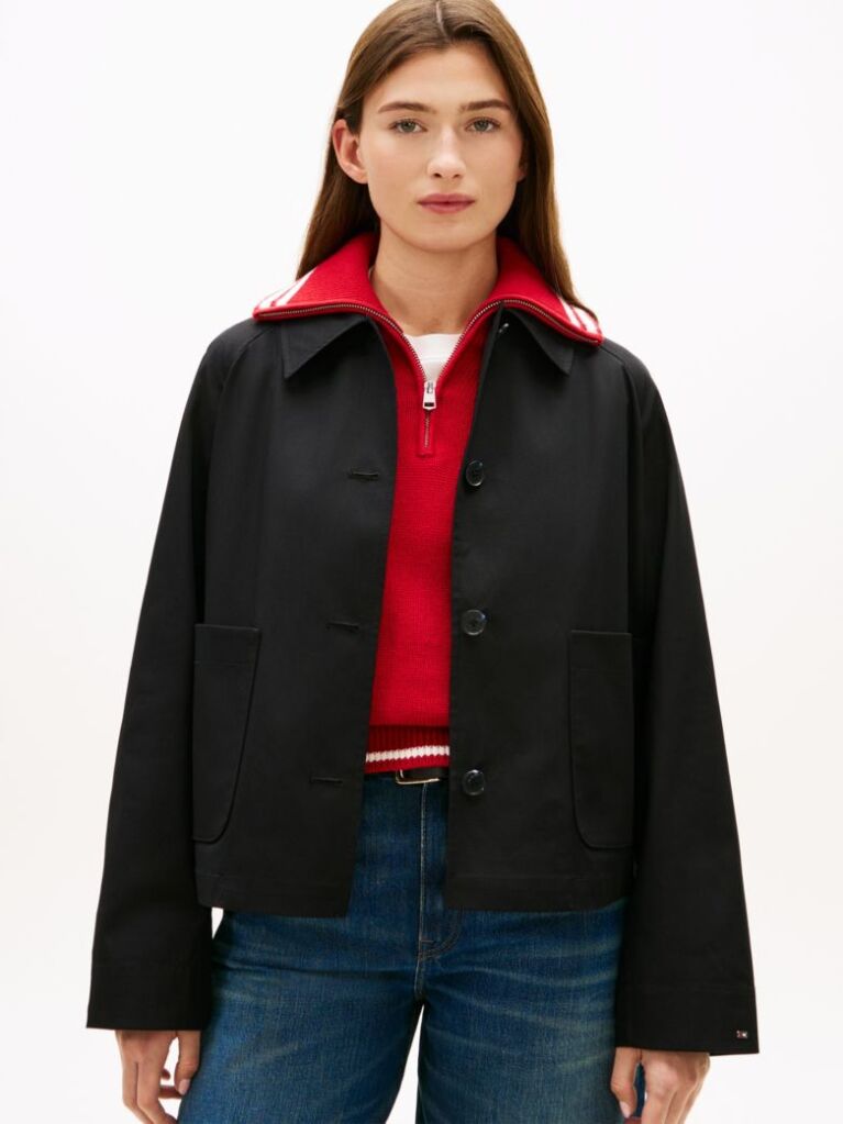 Black Water Repellent Collared Relaxed Short Jacket  Women
