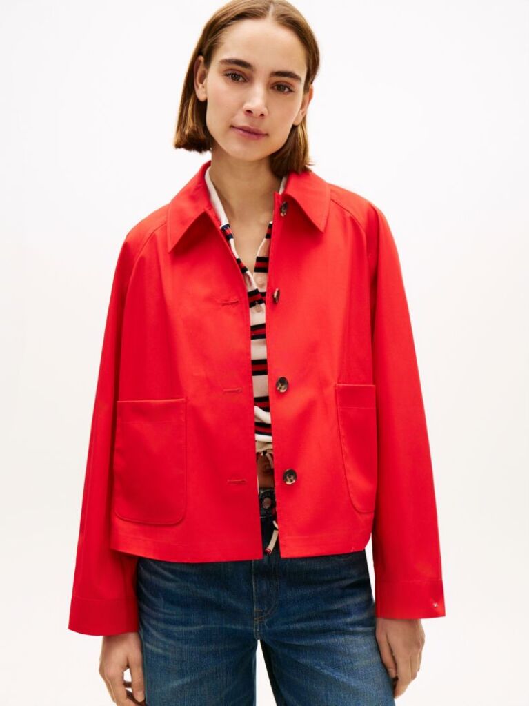 Red Water Repellent Collared Relaxed Short Jacket  Women
