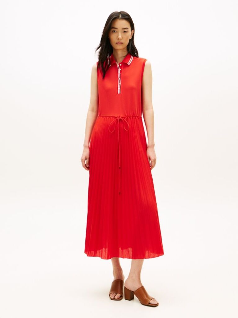 Red 1985 Pleated Sleeveless Midi Polo Dress  Women