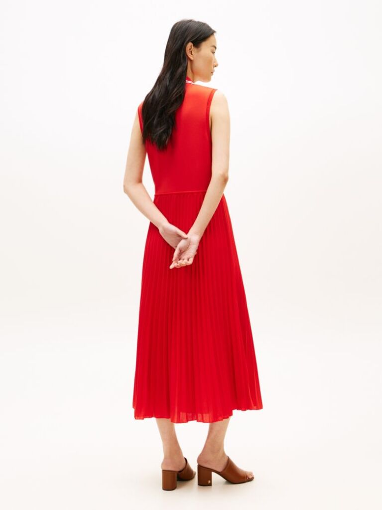 Red 1985 Pleated Sleeveless Midi Polo Dress  Women