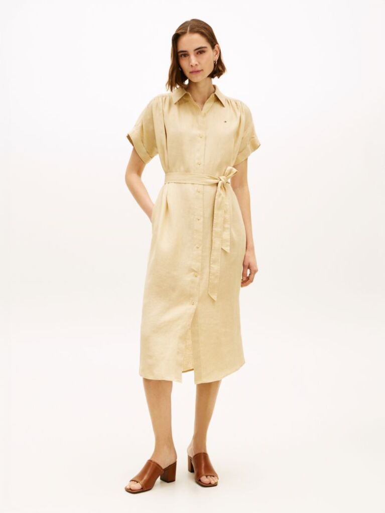 Beige Belted Relaxed Pure Linen Shirt Dress  Women