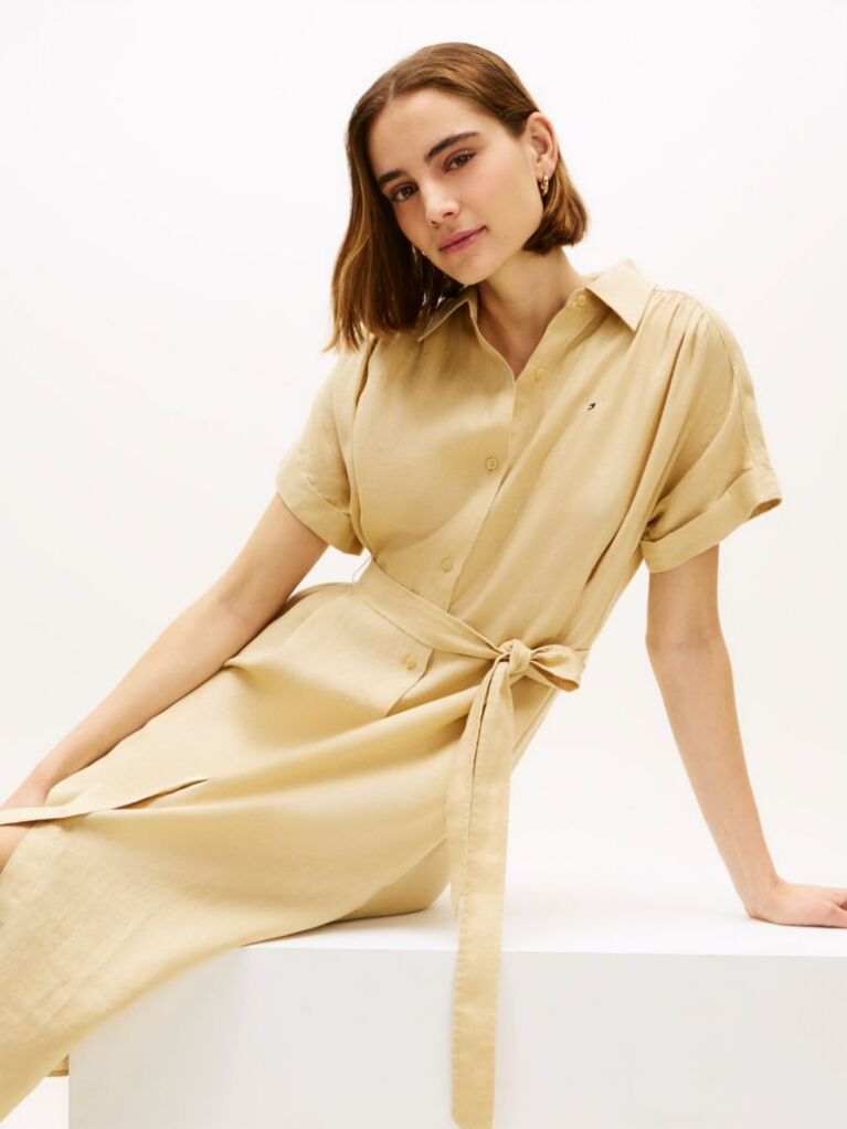 Beige Belted Relaxed Pure Linen Shirt Dress  Women
