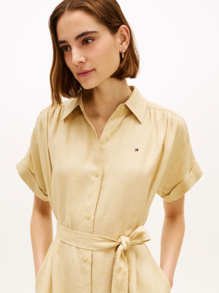 Beige Belted Relaxed Pure Linen Shirt Dress  Women