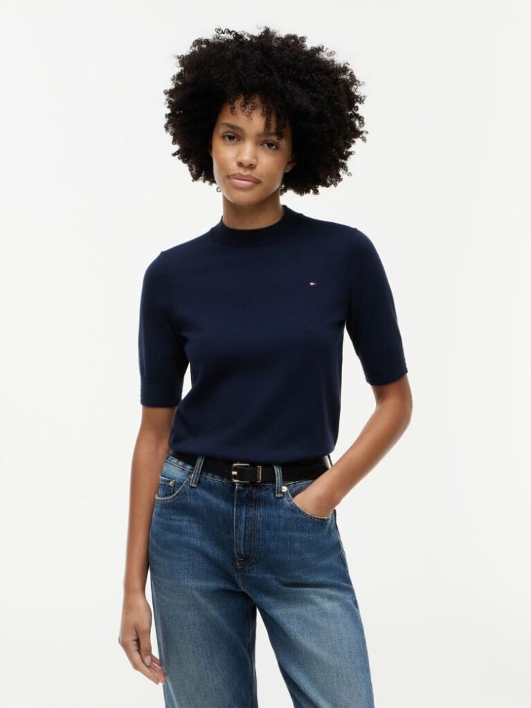 Blue Fine Knit Jersey Short Sleeve Jumper  Women