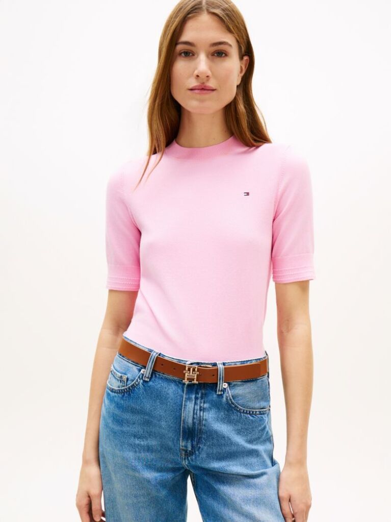 Pink Fine Knit Jersey Short Sleeve Jumper  Women