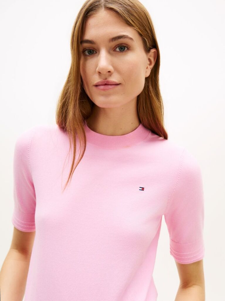 Pink Fine Knit Jersey Short Sleeve Jumper  Women