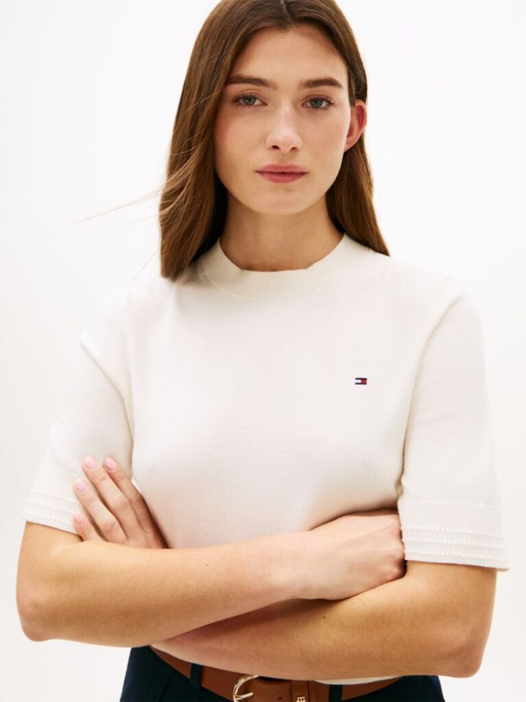 Beige Fine Knit Jersey Short Sleeve Jumper  Women