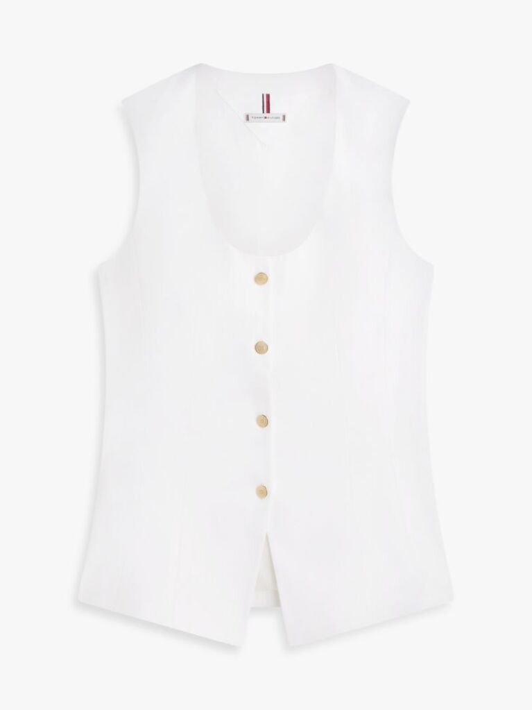 White Gold-Tone Button Linen Blend Slim Waistcoat  Women