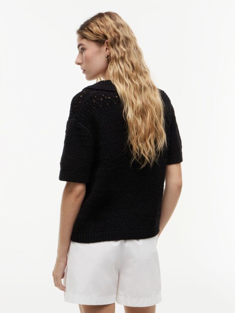 Black Weave Polo Relaxed Short Sleeve Cardigan  Women
