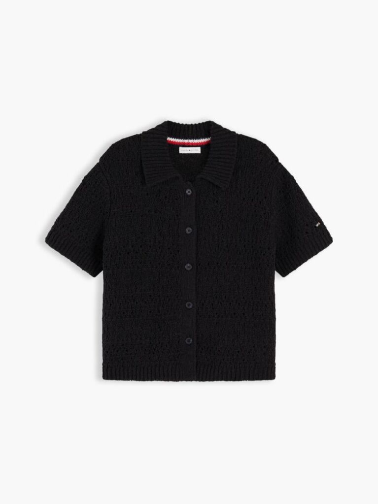 Black Weave Polo Relaxed Short Sleeve Cardigan  Women