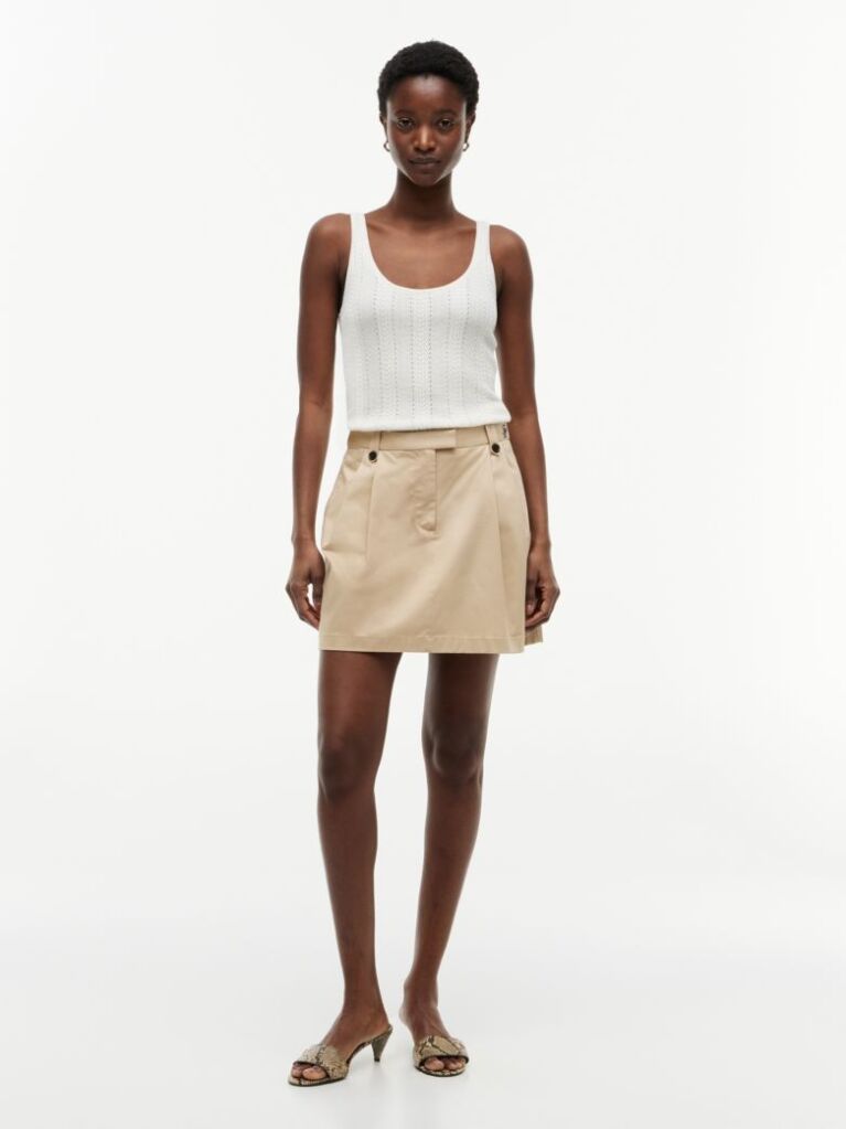 Beige Pleated Twill Chino Mini Skirt  Women