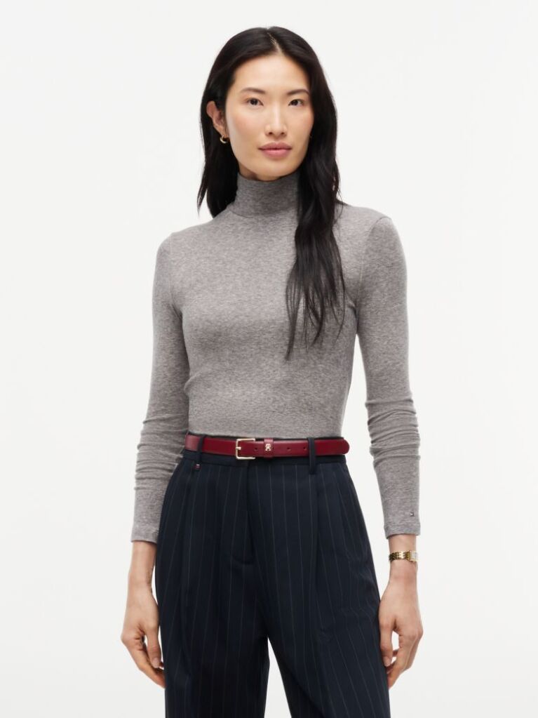 Grey Slim Mock Neck Long Sleeve Top  Women