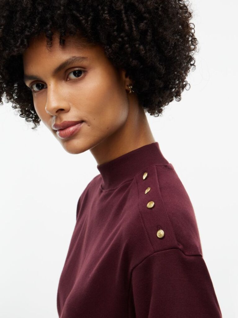 Red Gold-Tone Button Mock Neck T-Shirt  Women