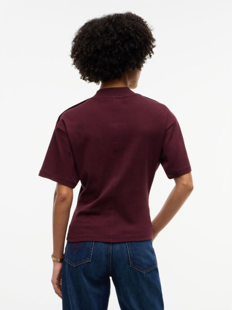 Red Gold-Tone Button Mock Neck T-Shirt  Women