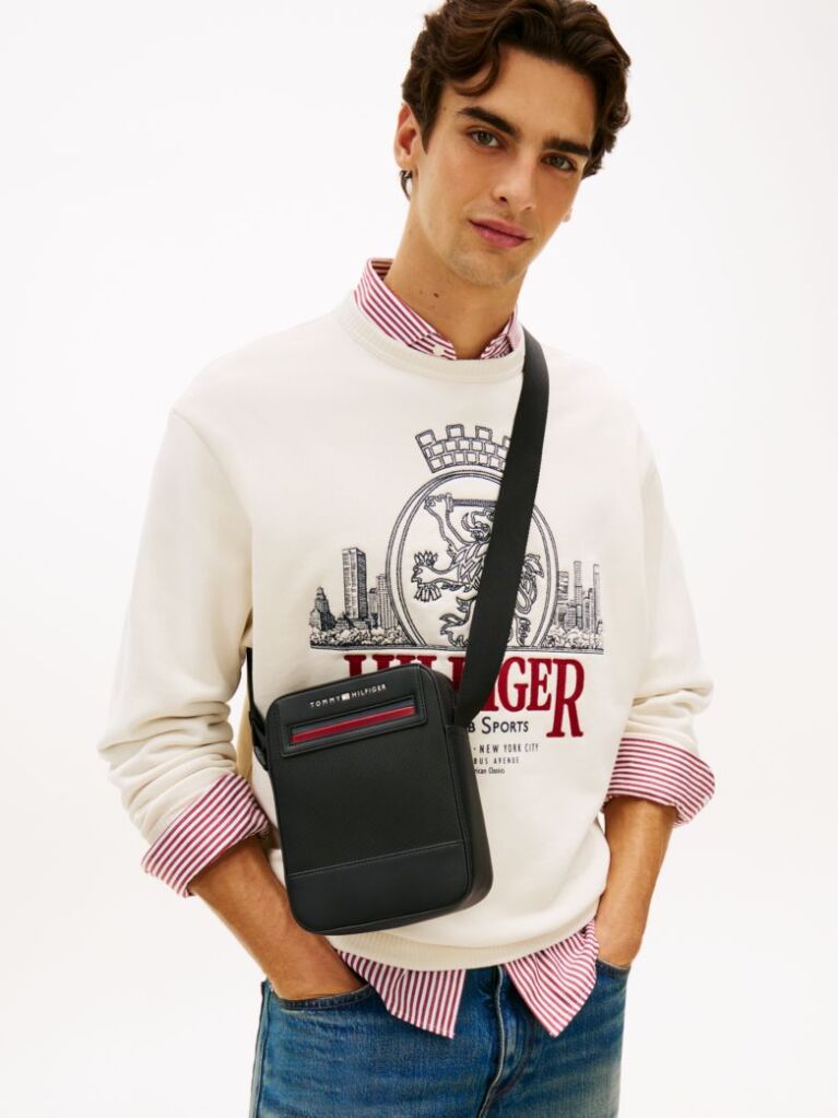 Black Metal Logo Crossbody Reporter Bag  Men