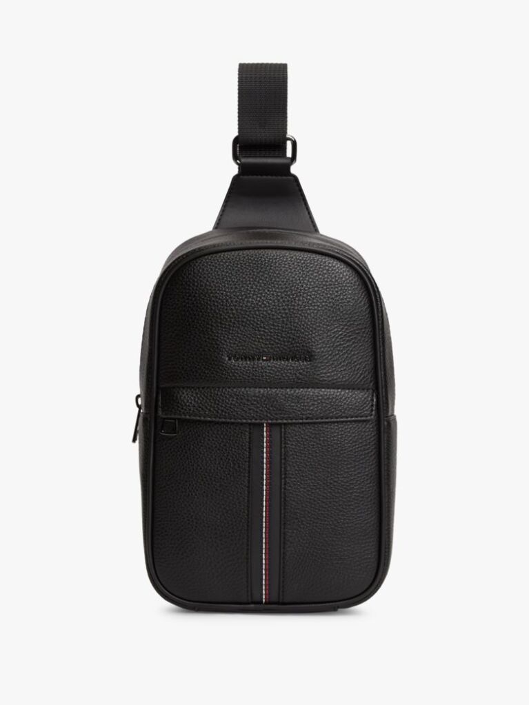 Black Signature Tape Embroidery Sling Bag  Men