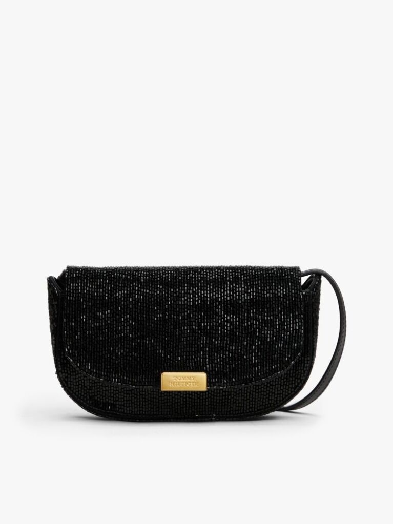 Black Beaded Leather Crossbody Bag  Women