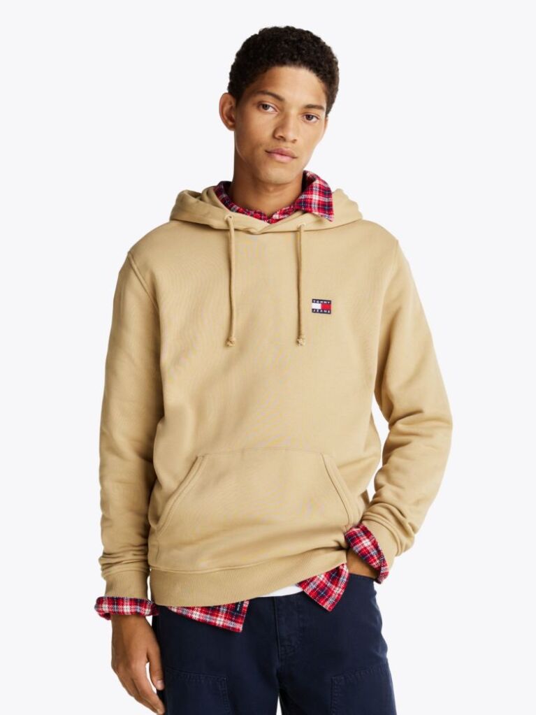 Khaki Tommy Badge Drawstring Hoody  Men