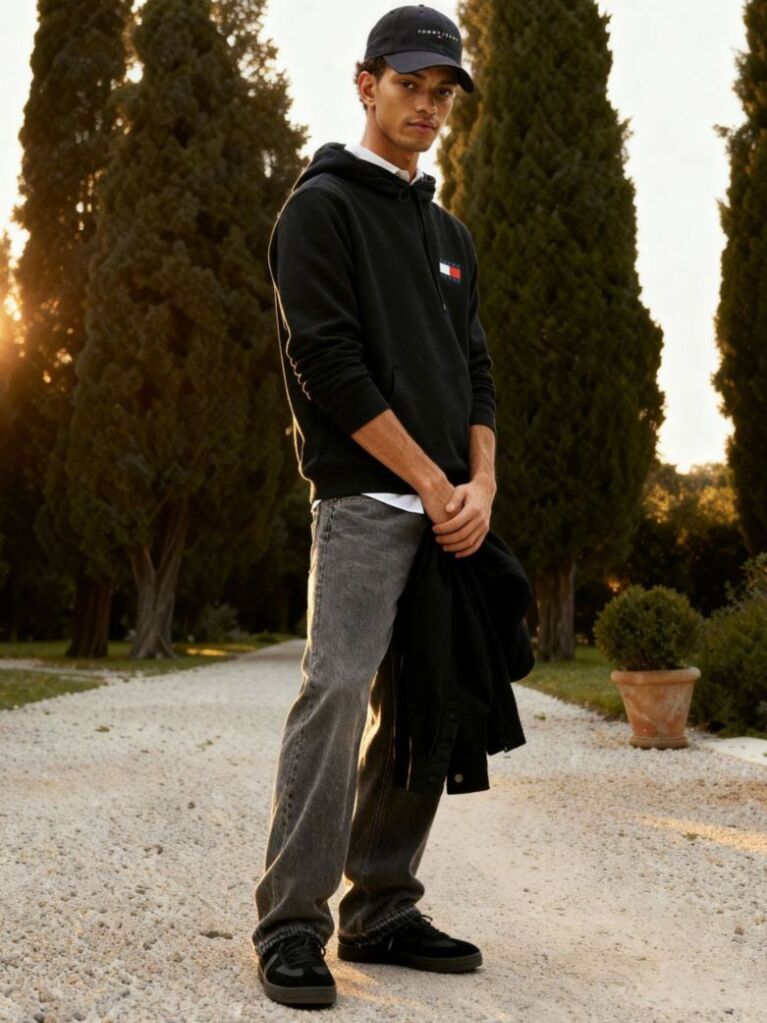 Black Logo Drawstring Hoody  Men