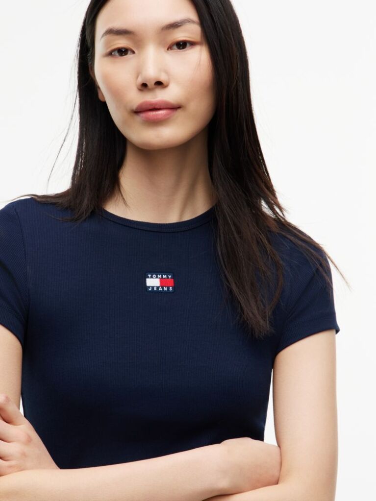 Blue Tommy Badge Ribbed Slim T-Shirt  Women