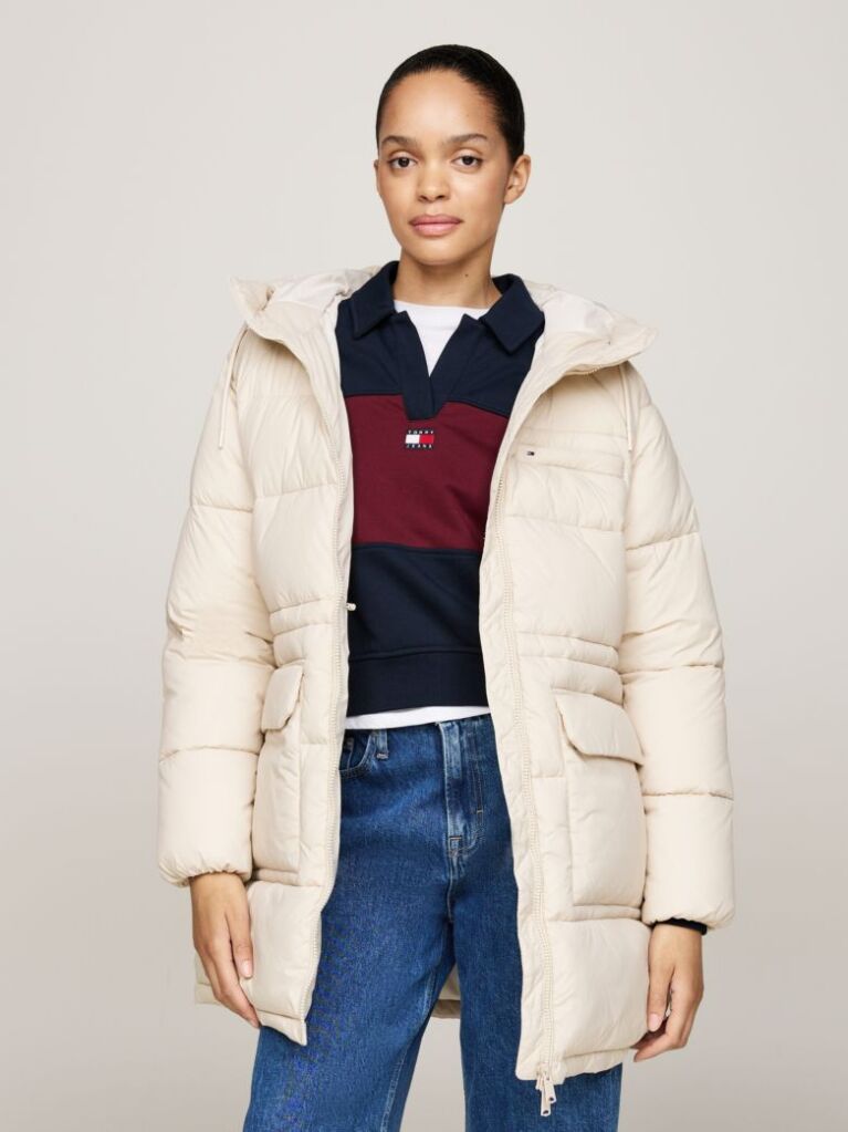 Beige Hooded Longline Puffer Jacket  Women
