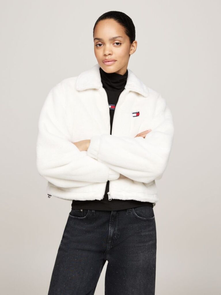 White Faux Fur Zip-Thru Cropped Jacket  Women