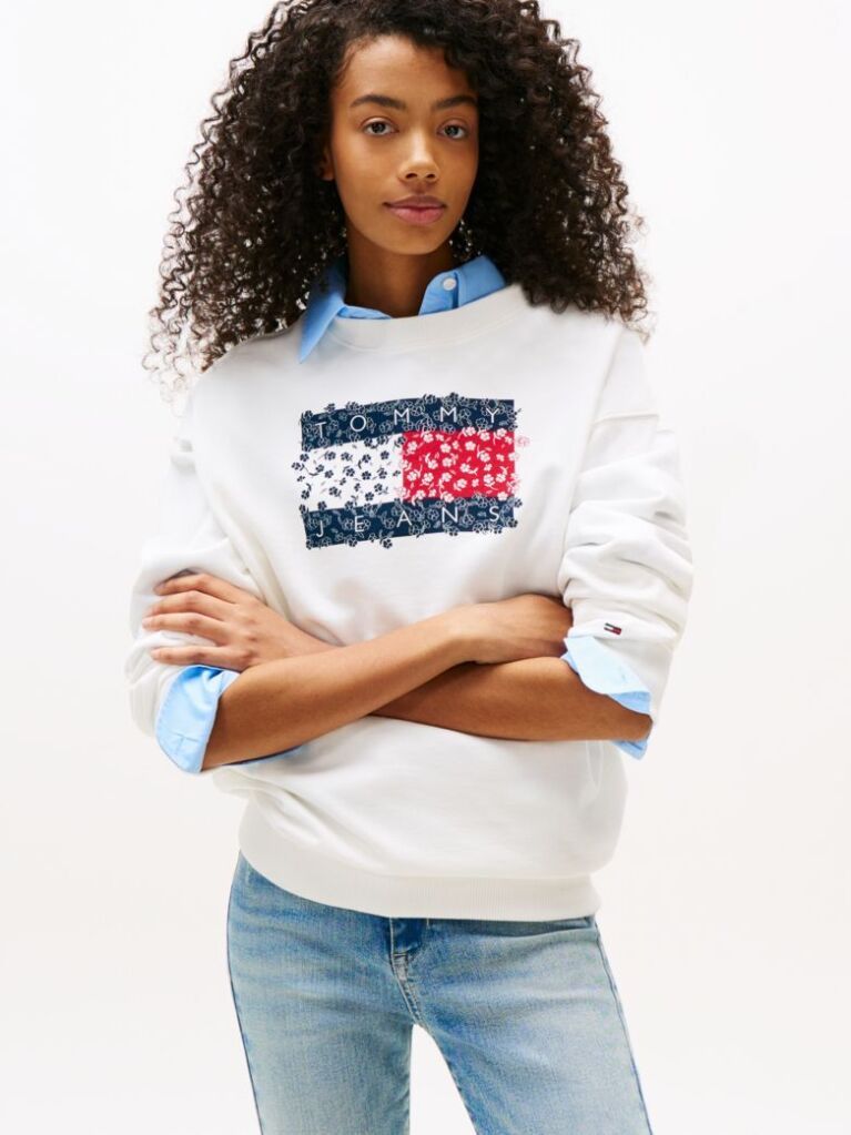 White Relaxed Floral Flag Crew  Women
