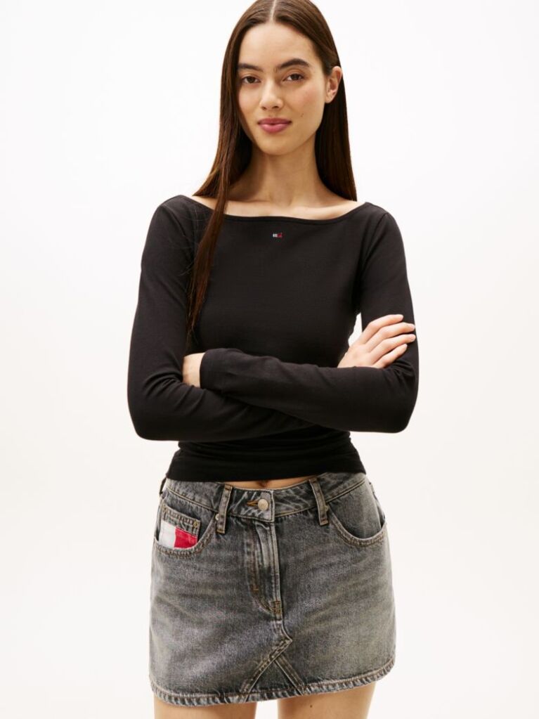 Black Diamante Flag Slim Long Sleeve Top  Women