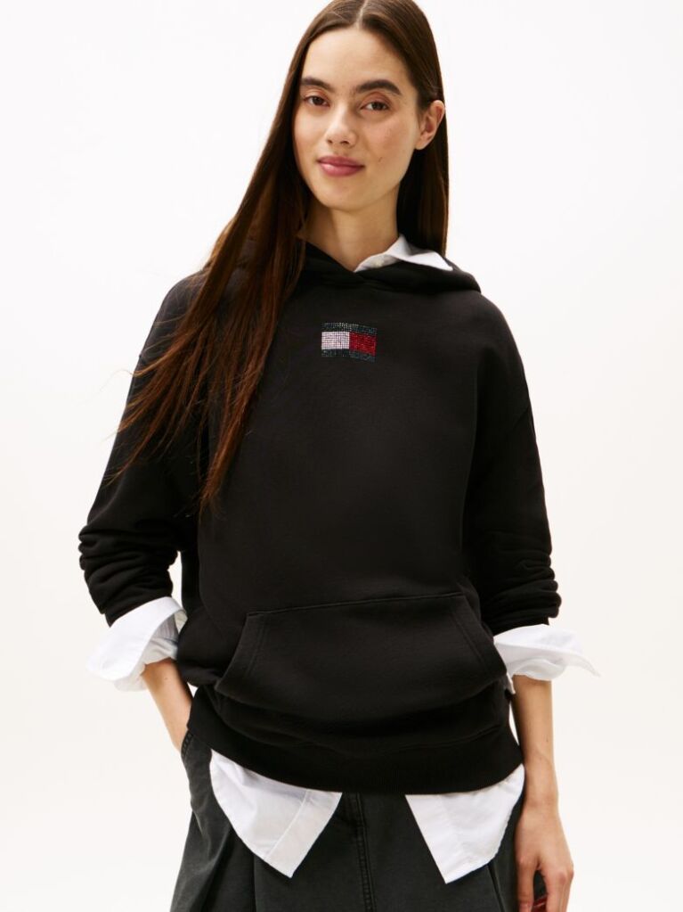 Black Diamanté Flag Relaxed Hoody  Women