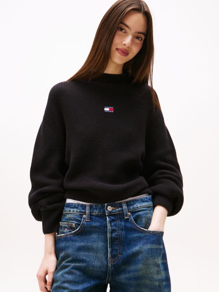 Black Tommy Badge Relaxed Mock Neck Jumper  Women