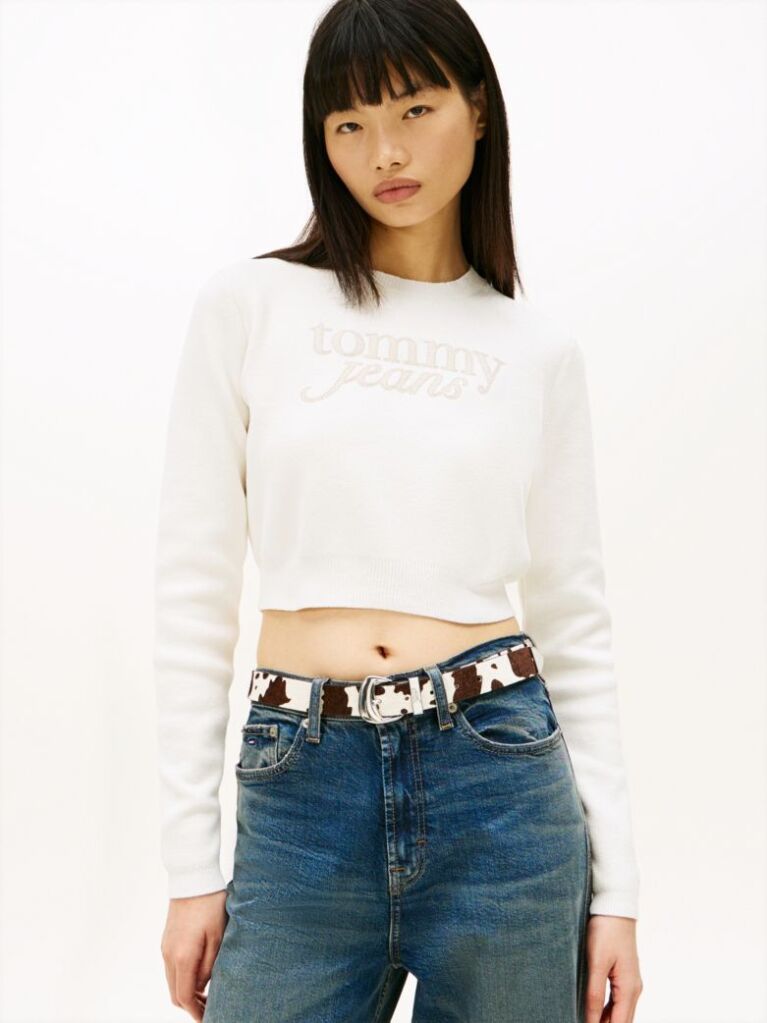 White Stitch Logo Chenille Slim Cropped Jumper  Women