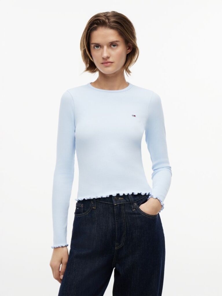 Blue Ribbed Ruffle Slim Long Sleeve T-Shirt  Women