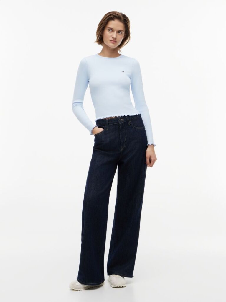 Blue Ribbed Ruffle Slim Long Sleeve T-Shirt  Women