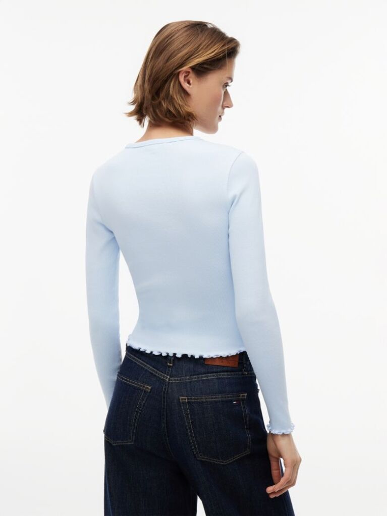 Blue Ribbed Ruffle Slim Long Sleeve T-Shirt  Women