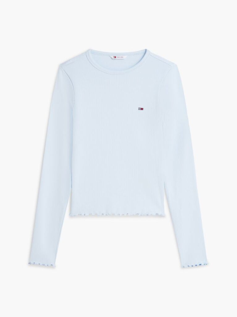 Blue Ribbed Ruffle Slim Long Sleeve T-Shirt  Women