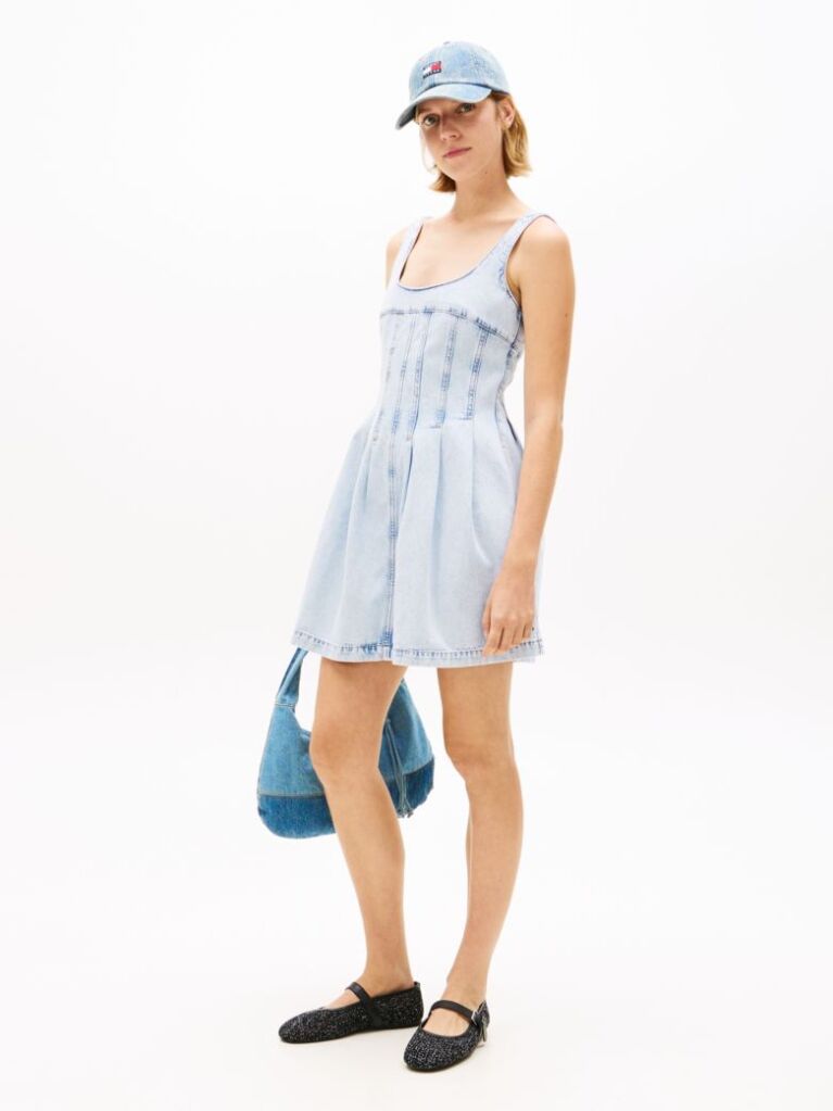 Denim Seam Detail Pleated Denim Sleeveless Dress  Women
