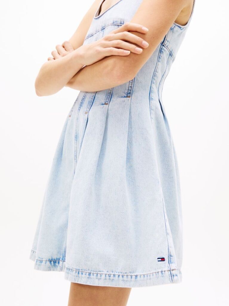 Denim Seam Detail Pleated Denim Sleeveless Dress  Women