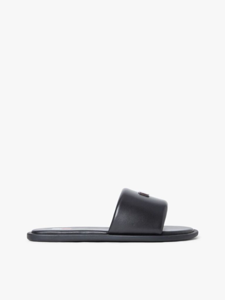 Black Leather Padded Strap Slides  Women