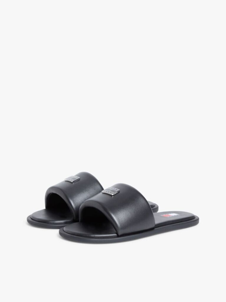 Black Leather Padded Strap Slides  Women