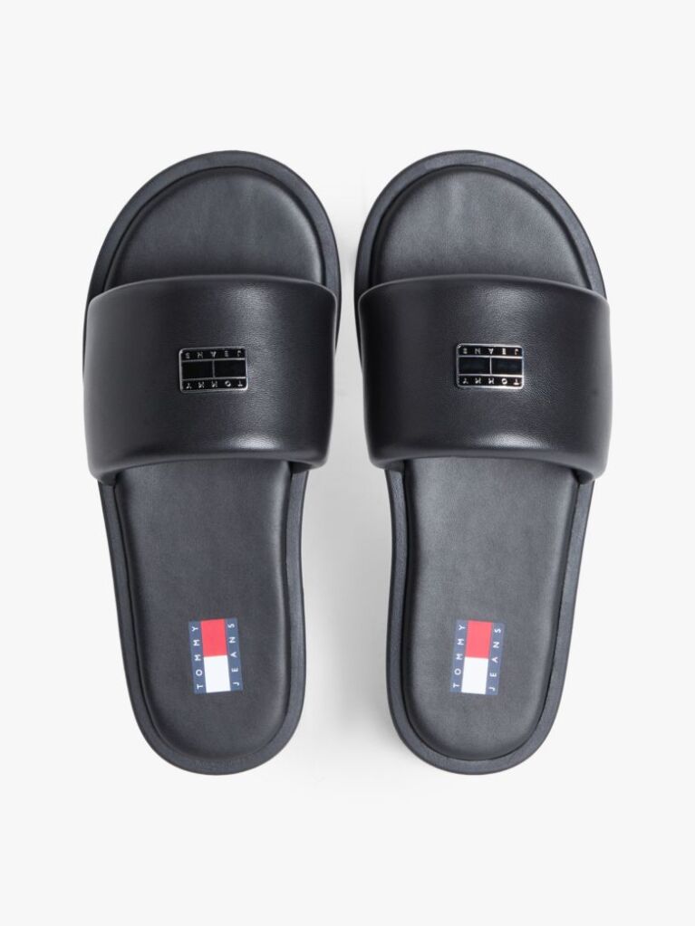 Black Leather Padded Strap Slides  Women