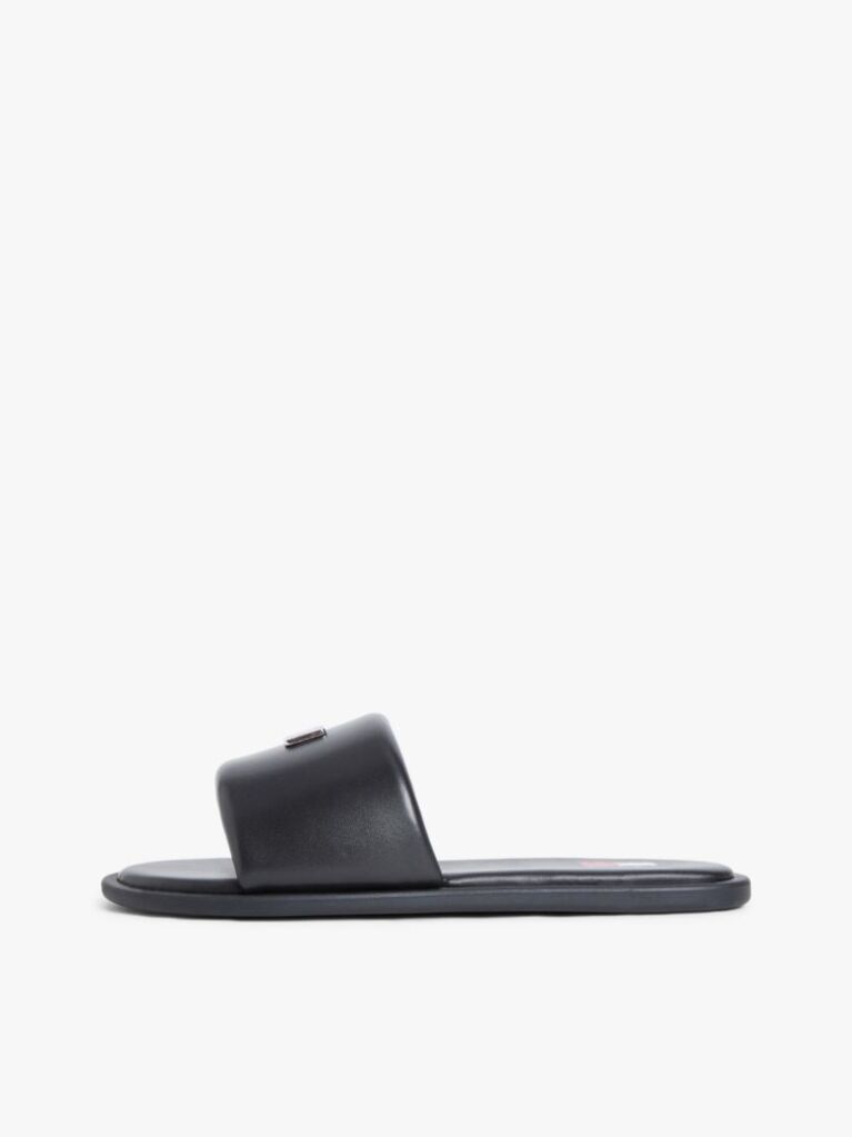 Black Leather Padded Strap Slides  Women