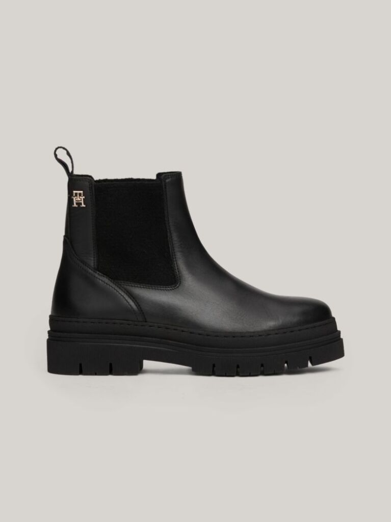 Black TH Monogram Leather Cleat Chelsea Boots  Women